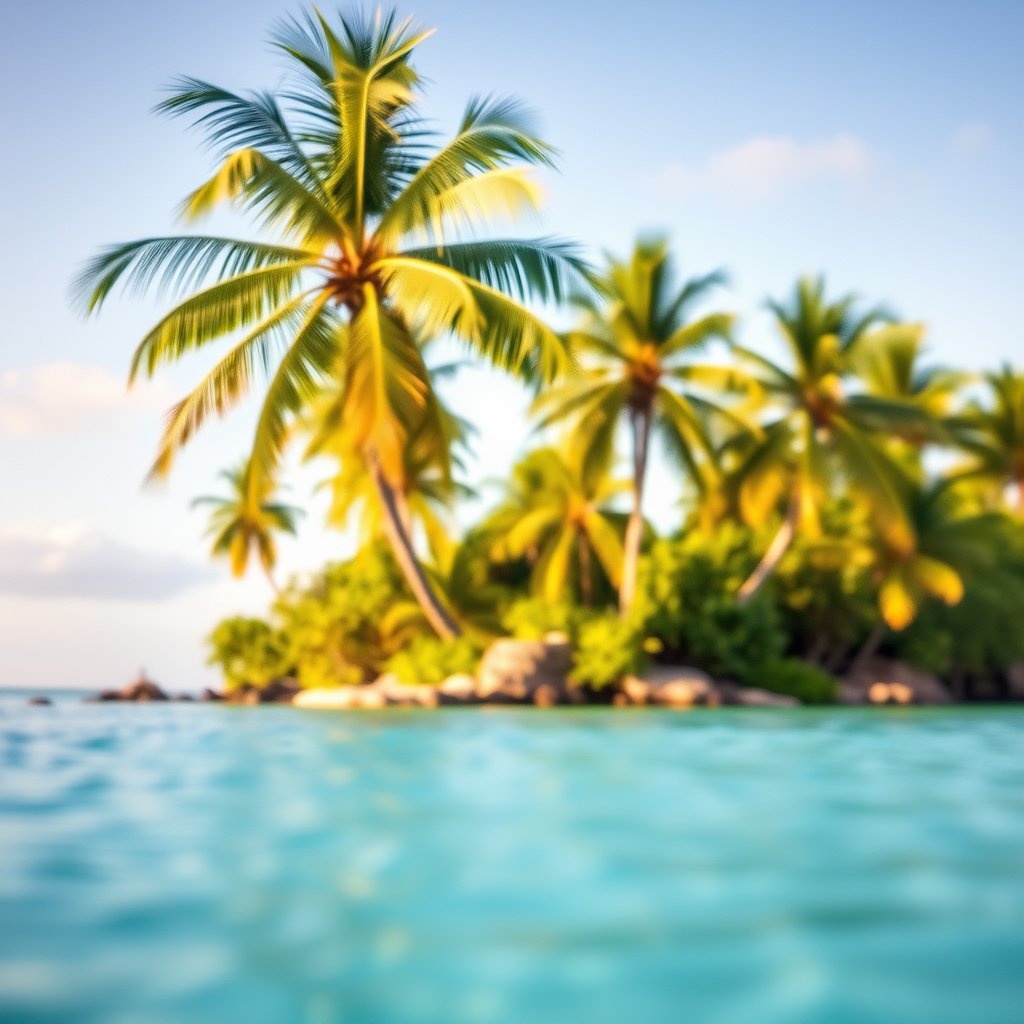 a tropical island with palm trees and clear lagoon, soft natural light, shallow depth of field, bokeh