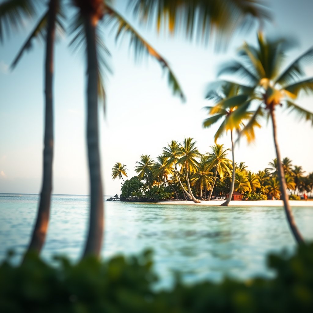 a tropical island with palm trees and clear lagoon, soft natural light, shallow depth of field, bokeh