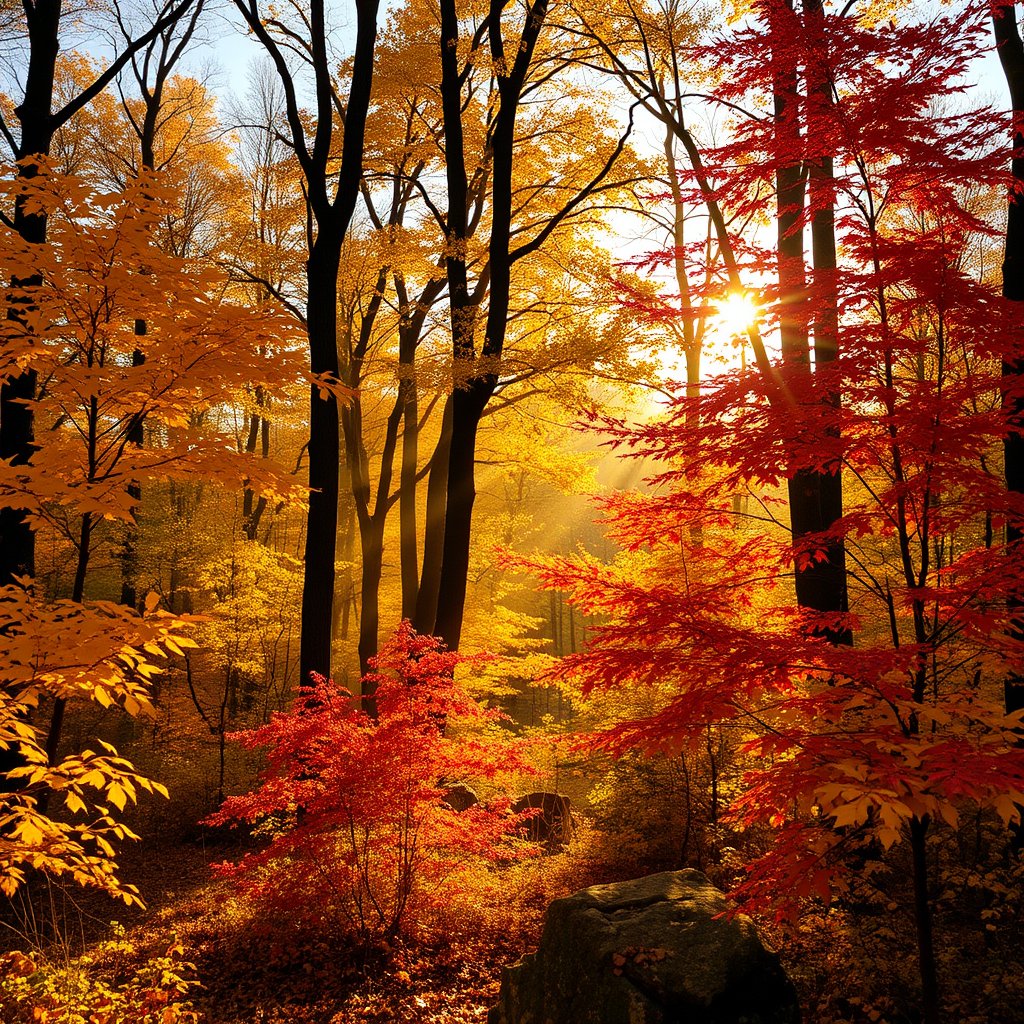 autumn forest with golden and red leaves, sun rays through trees, golden hour lighting, warm tones, atmospheric