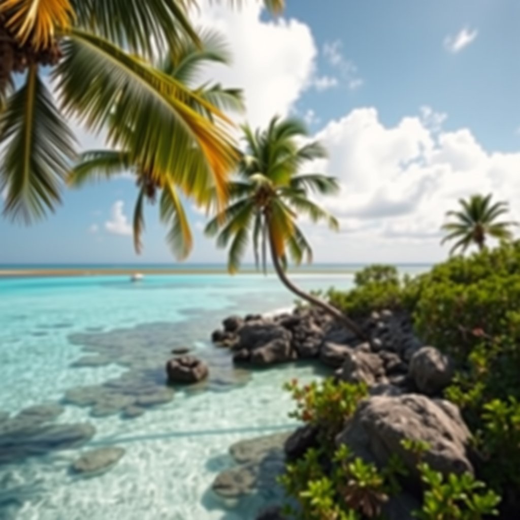a tropical island with palm trees and clear lagoon, highly detailed, 8k, professional photography, sharp focus