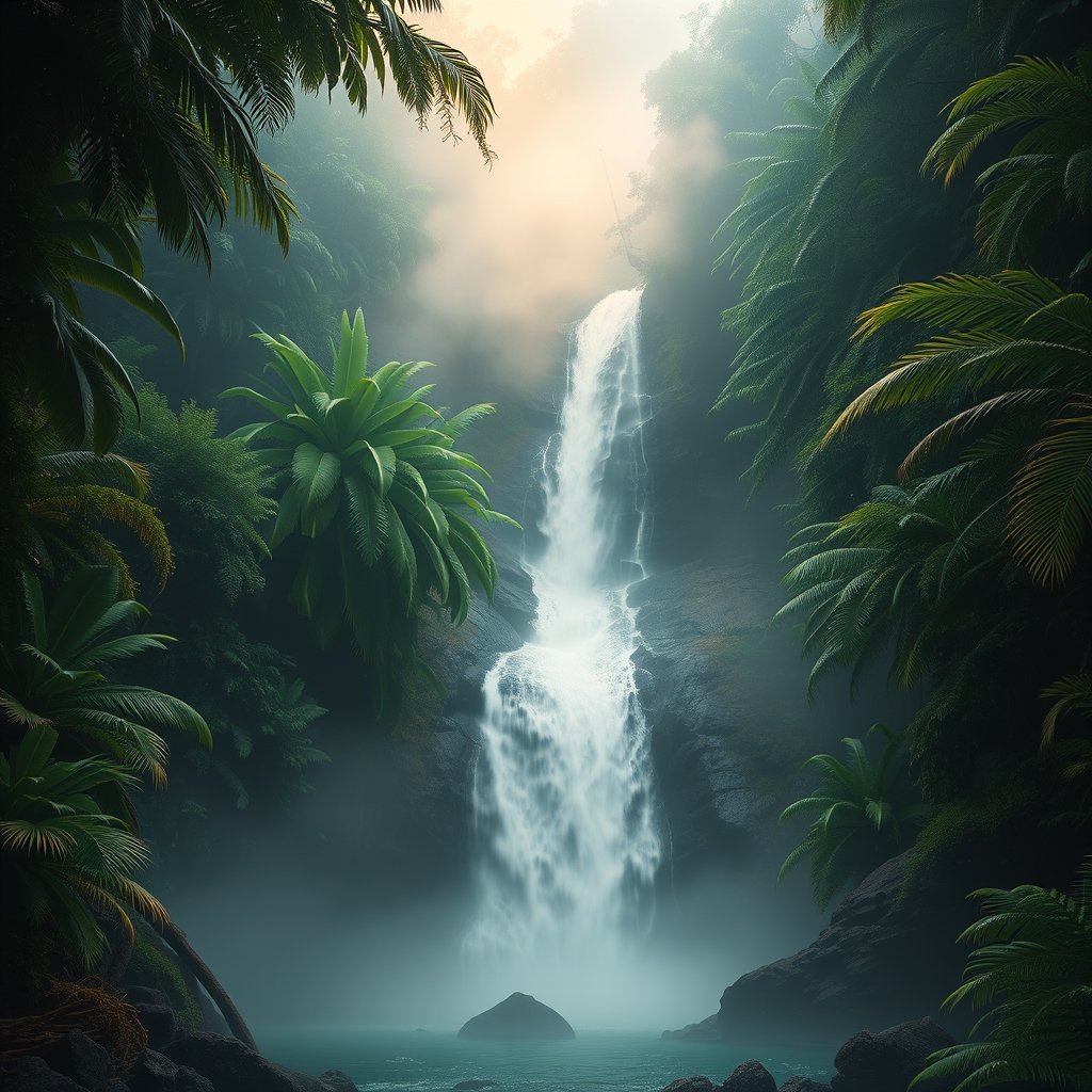 a lush tropical rainforest with a waterfall and mist, cinematic lighting, vibrant colors, dramatic atmosphere