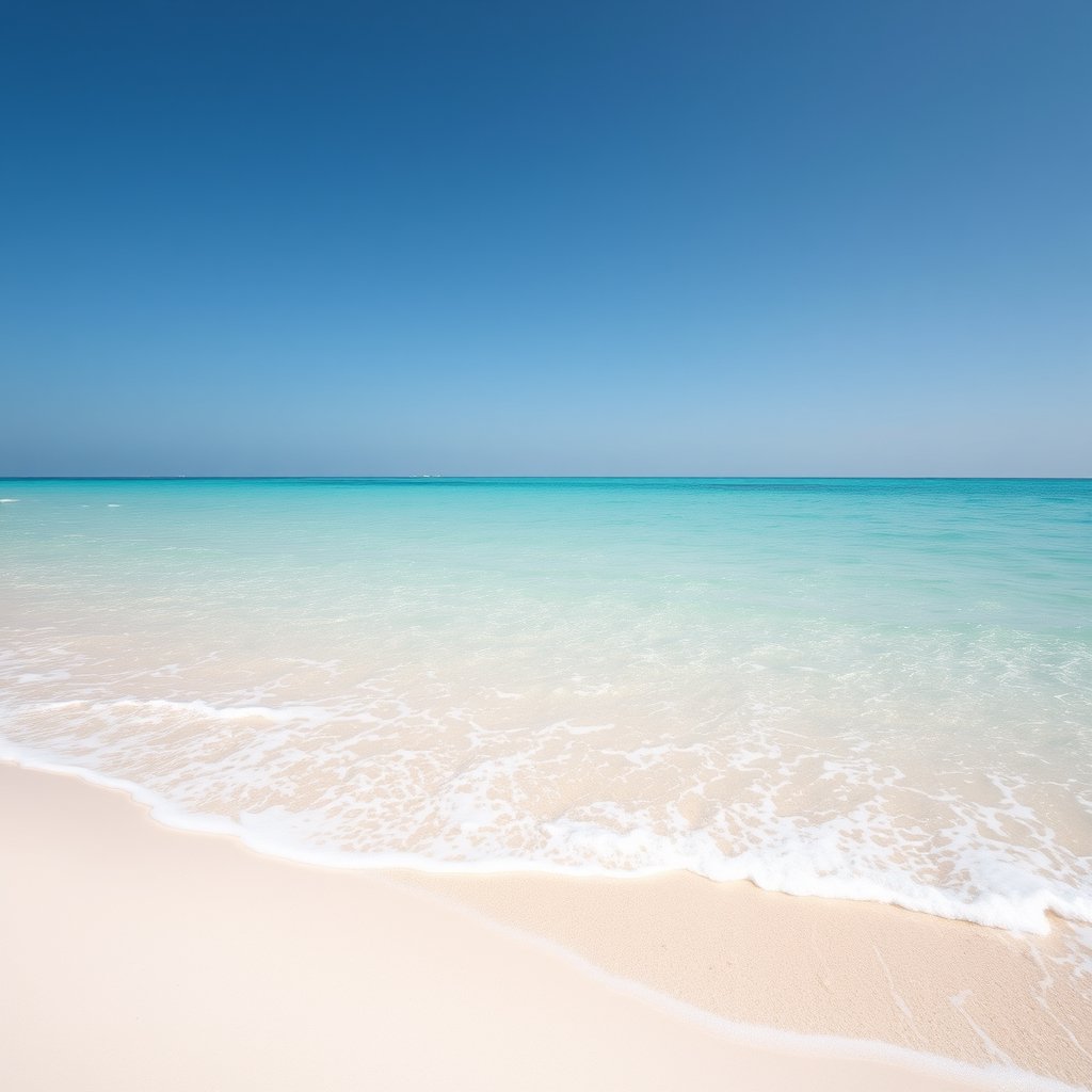 a calm ocean beach with turquoise water and white sand, ultra realistic, crisp details, studio quality