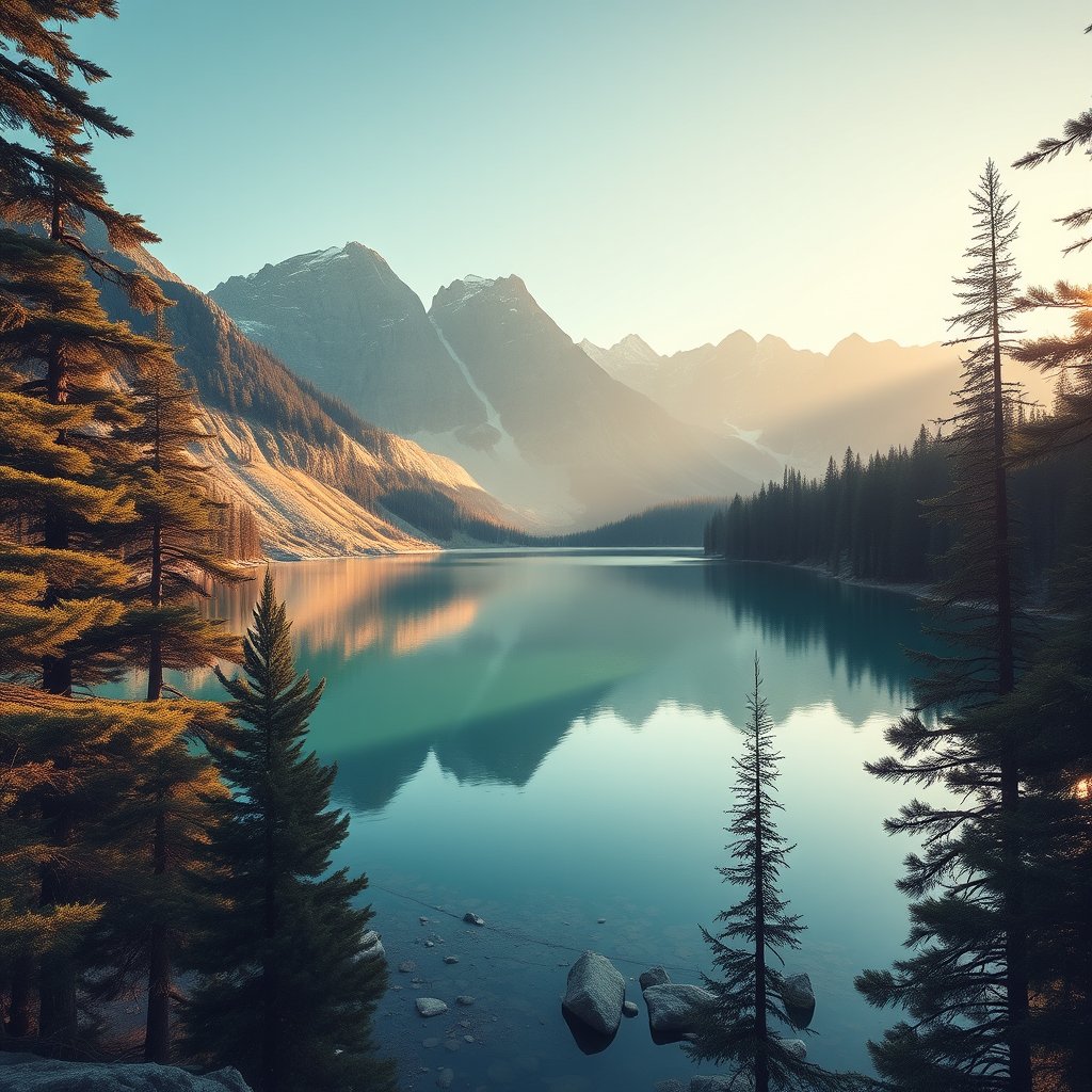 a serene mountain lake at sunrise surrounded by pine forests, bright and airy, pastel tones, dreamy aesthetic