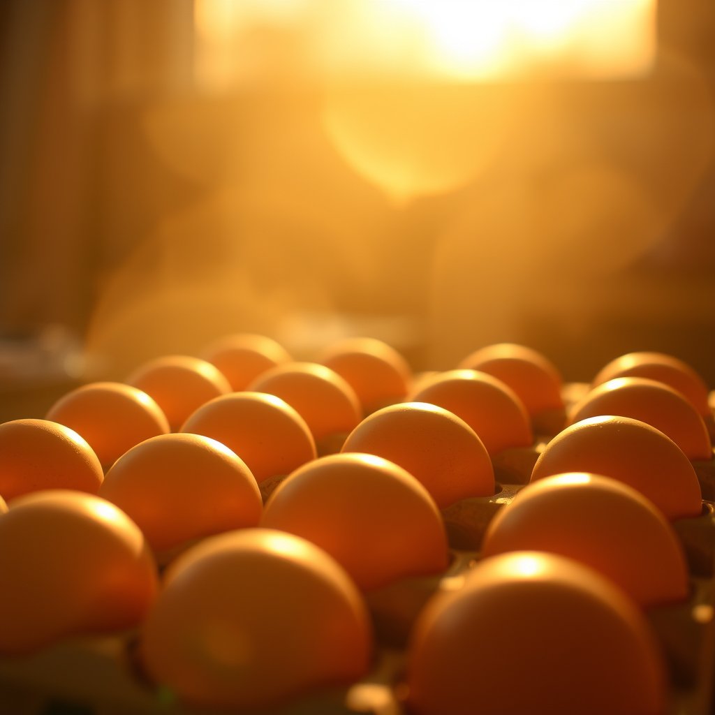 image of a dozen of eggs, golden hour lighting, warm tones, atmospheric