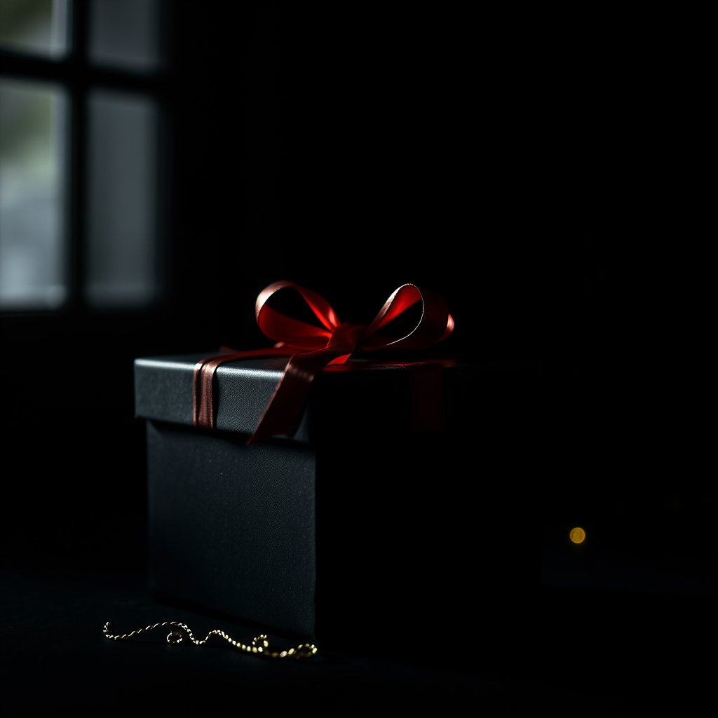 gift box, moody lighting, high contrast, fine art photography