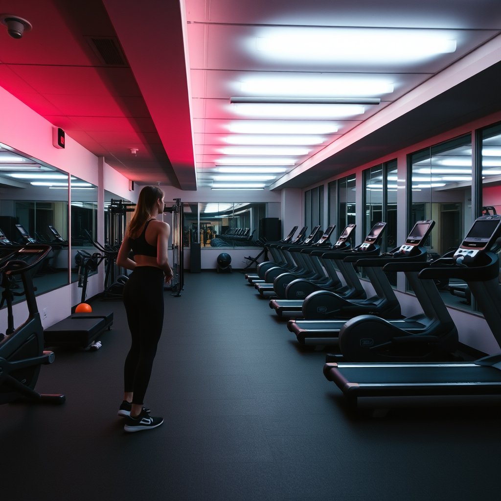 workout at the gym dark place, bright and airy, pastel tones, dreamy aesthetic