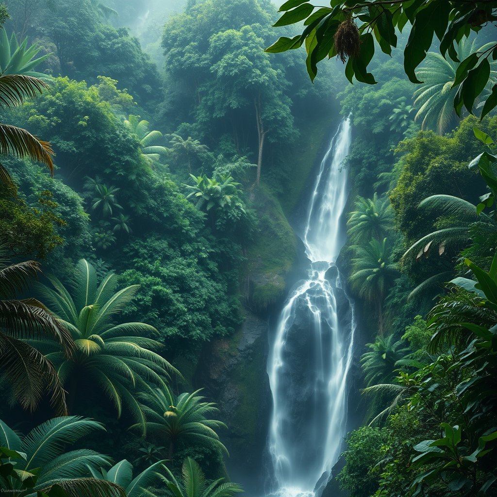 a lush tropical rainforest with a waterfall and mist, ultra realistic, crisp details, studio quality