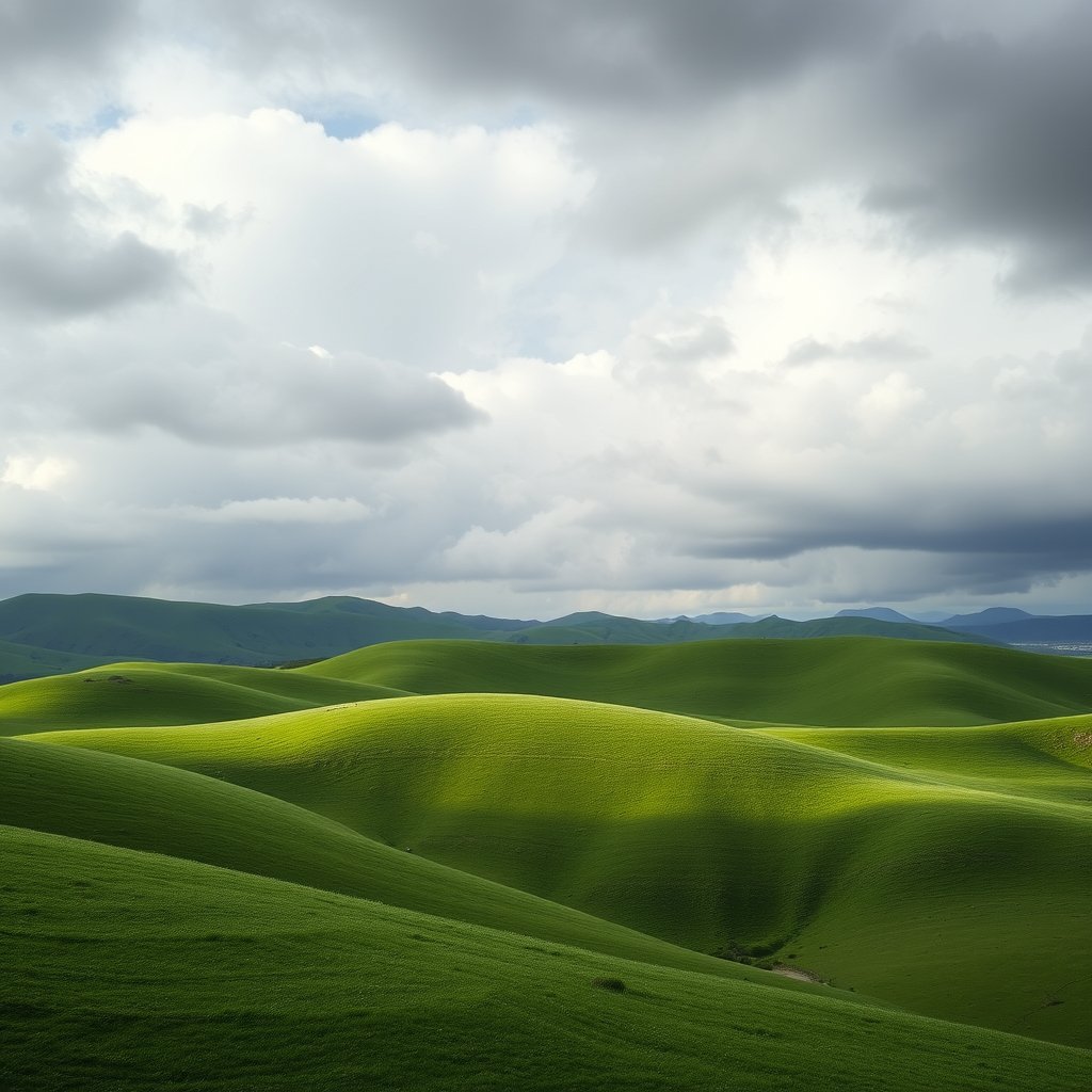rolling green hills under a dramatic cloudy sky, minimalist composition, clean background, elegant