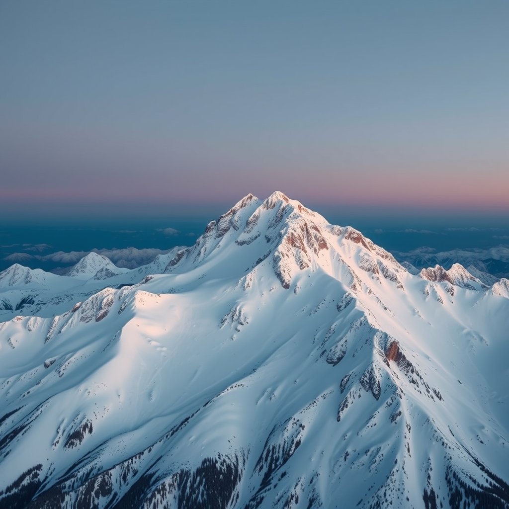 a snowy mountain peak with alpine glow at dusk, ultra realistic, crisp details, studio quality