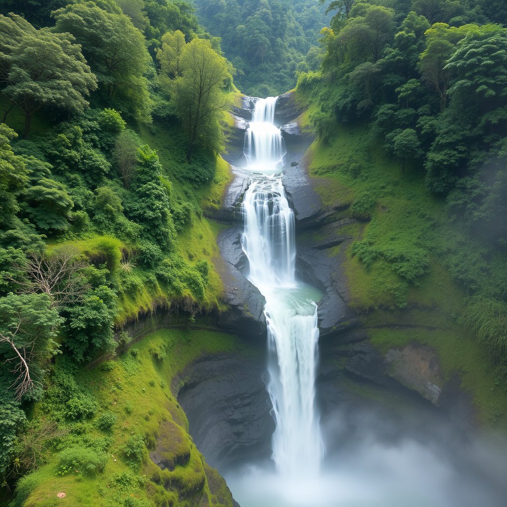 coorg images hills, greenry, waterfall. waterfall in the center, highly detailed, 8k, professional photography, sharp focus
