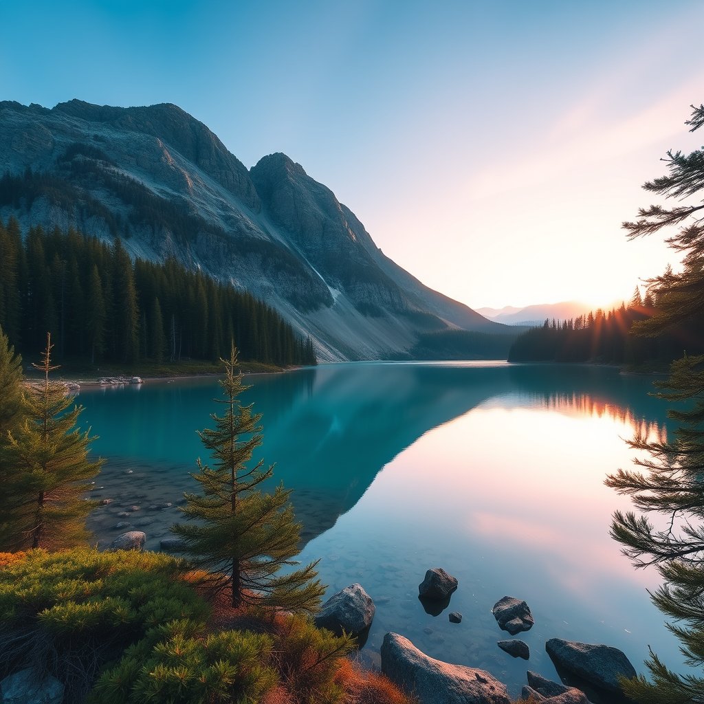 a serene mountain lake at sunrise surrounded by pine forests, bright and airy, pastel tones, dreamy aesthetic