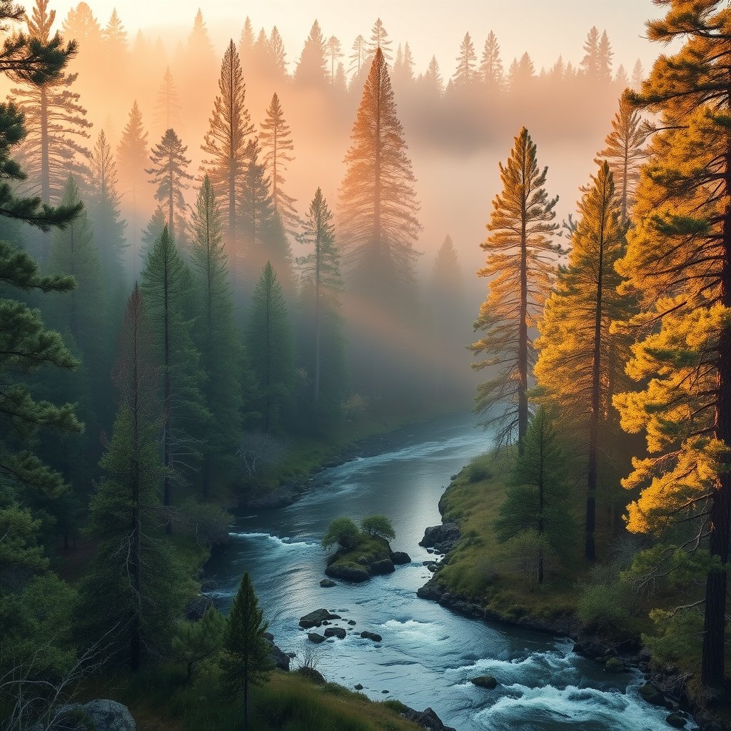 a misty pine forest with a winding river, golden hour lighting, warm tones, atmospheric