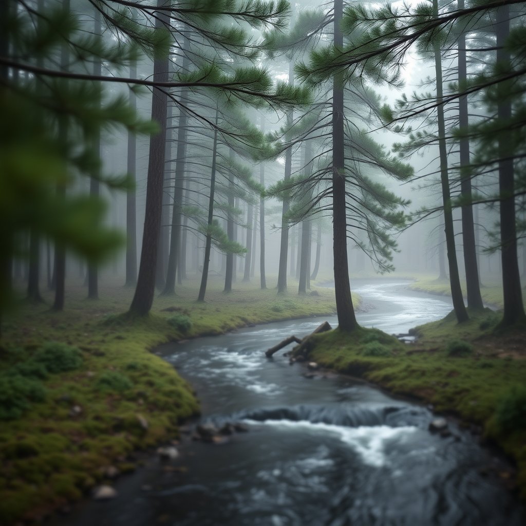a misty pine forest with a winding river, soft natural light, shallow depth of field, bokeh