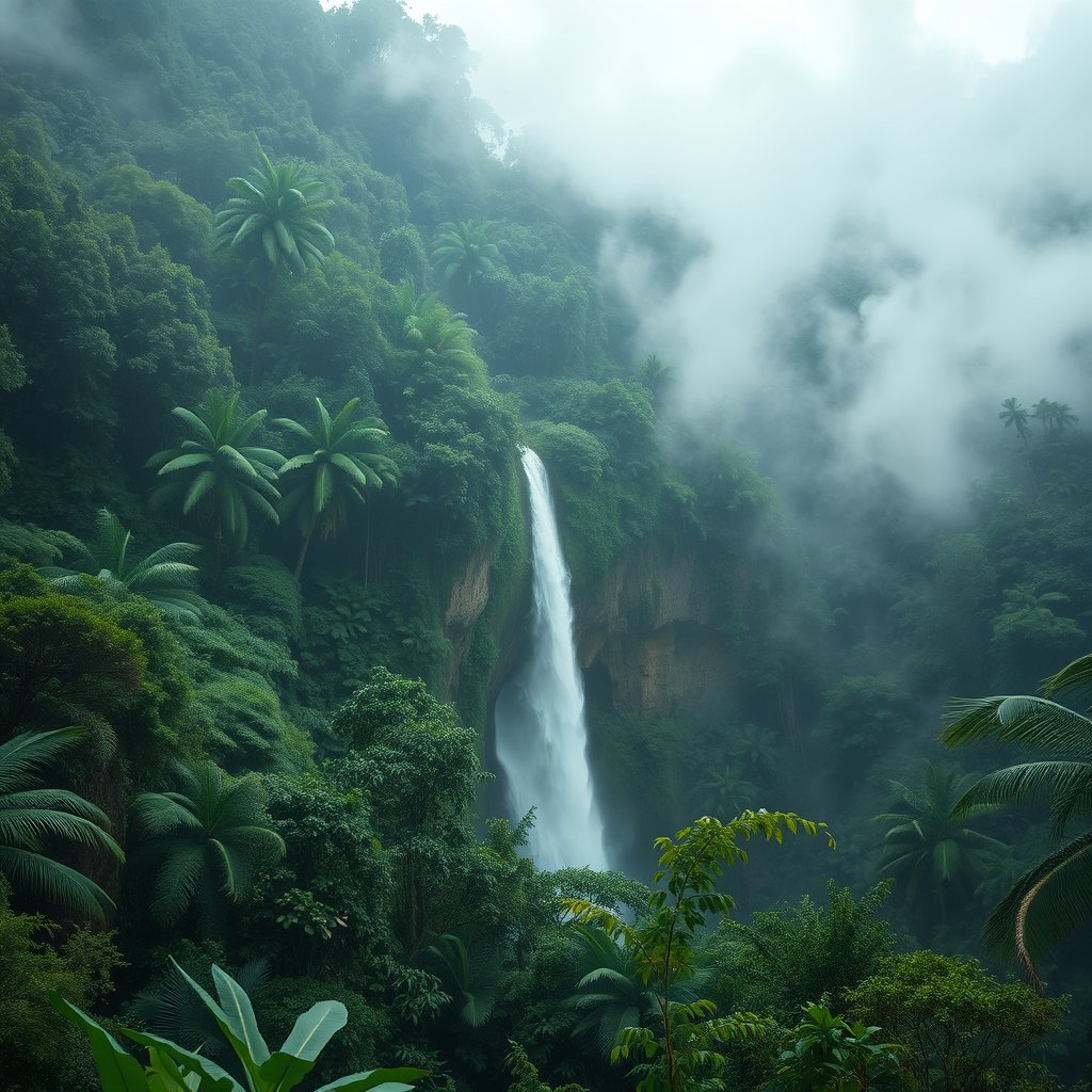 a lush tropical rainforest with a waterfall and mist, ultra realistic, crisp details, studio quality