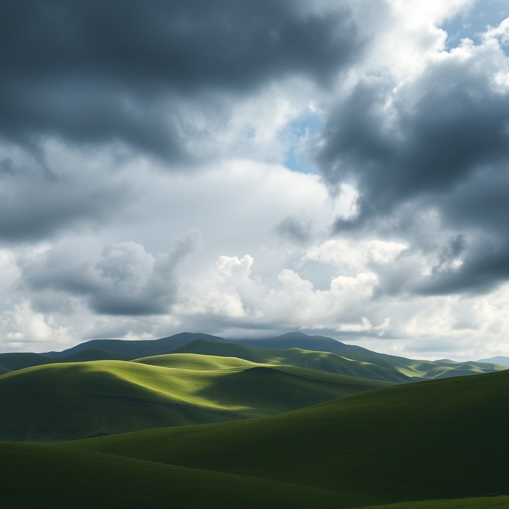 rolling green hills under a dramatic cloudy sky, moody lighting, high contrast, fine art photography