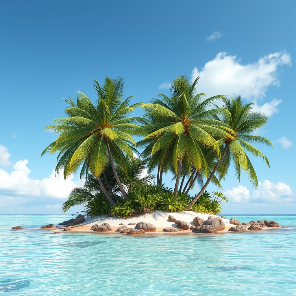 a tropical island with palm trees and clear lagoon, ultra realistic, crisp details, studio quality