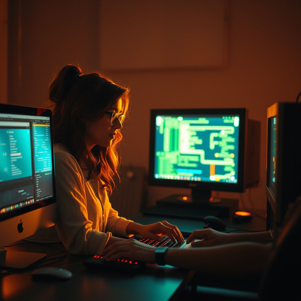 mujer programando con computadoras, golden hour lighting, warm tones, atmospheric