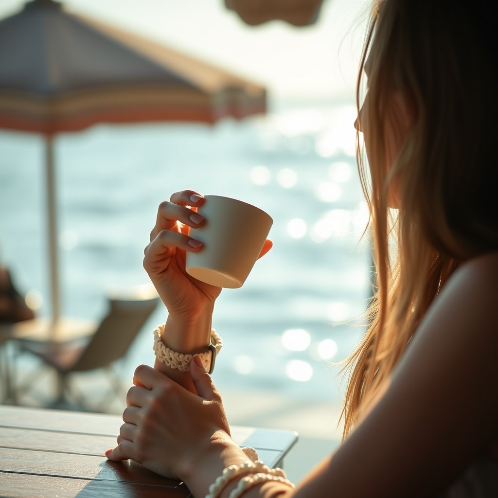 a sexy girl 25 e.o. is drinking coffee in a sea side photo, soft natural light, shallow depth of field, bokeh, cinematic lighting, vibrant colors, dramatic atmosphere