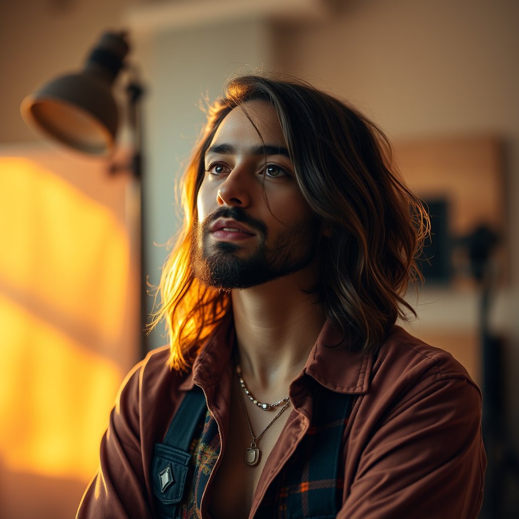 a professional portrait of a creative artist in a studio, golden hour lighting, warm tones, atmospheric
