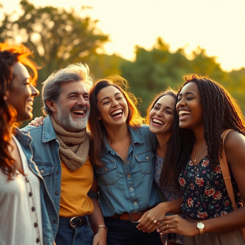 a group of diverse friends laughing together outdoors, golden hour lighting, warm tones, atmospheric