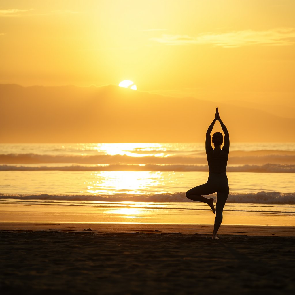a person doing yoga on a beach at sunrise, golden hour lighting, warm tones, atmospheric