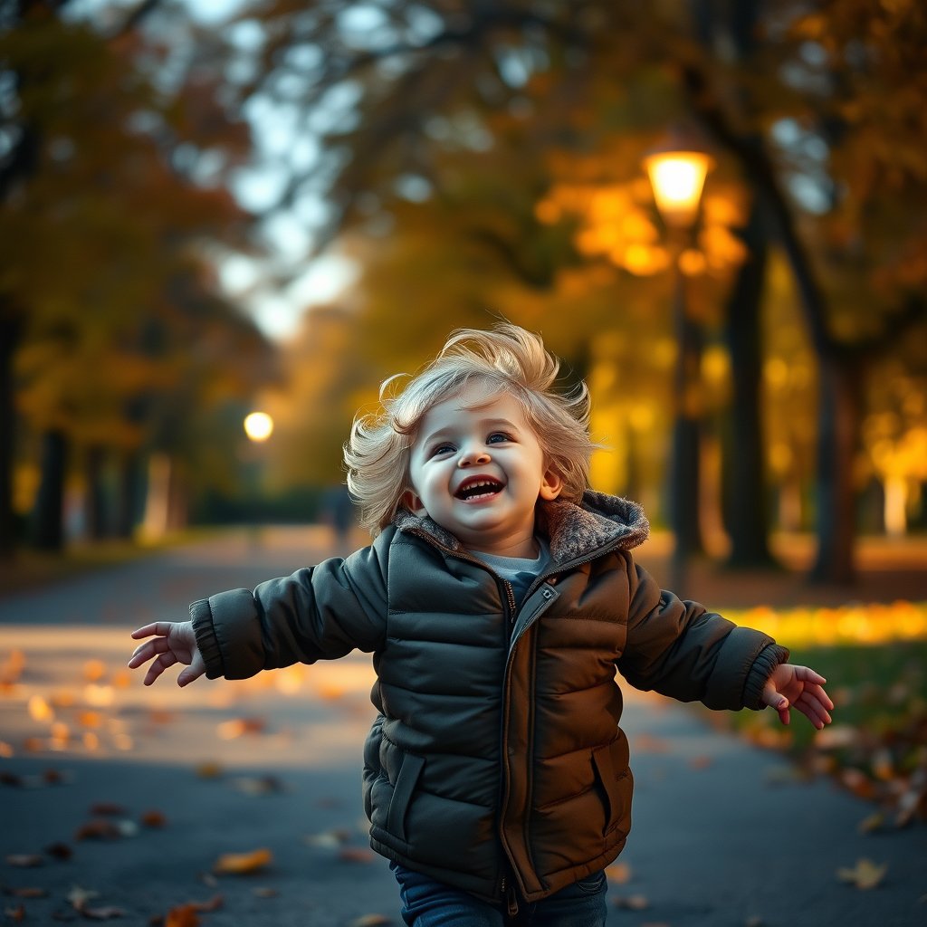 a child playing joyfully in an autumn park, cinematic lighting, vibrant colors, dramatic atmosphere