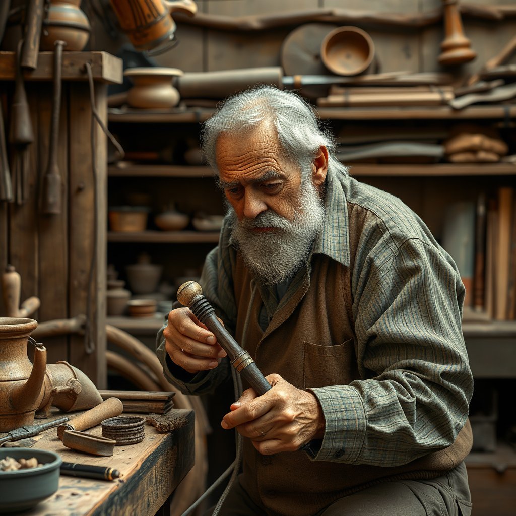 an elderly craftsman working in his workshop, ultra realistic, crisp details, studio quality