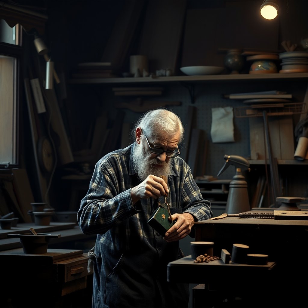 an elderly craftsman working in his workshop, moody lighting, high contrast, fine art photography