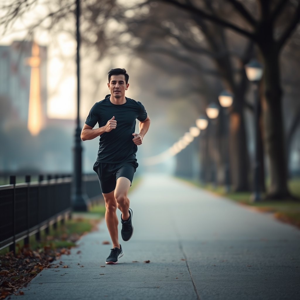 a runner jogging through a city park in the morning, soft natural light, shallow depth of field, bokeh