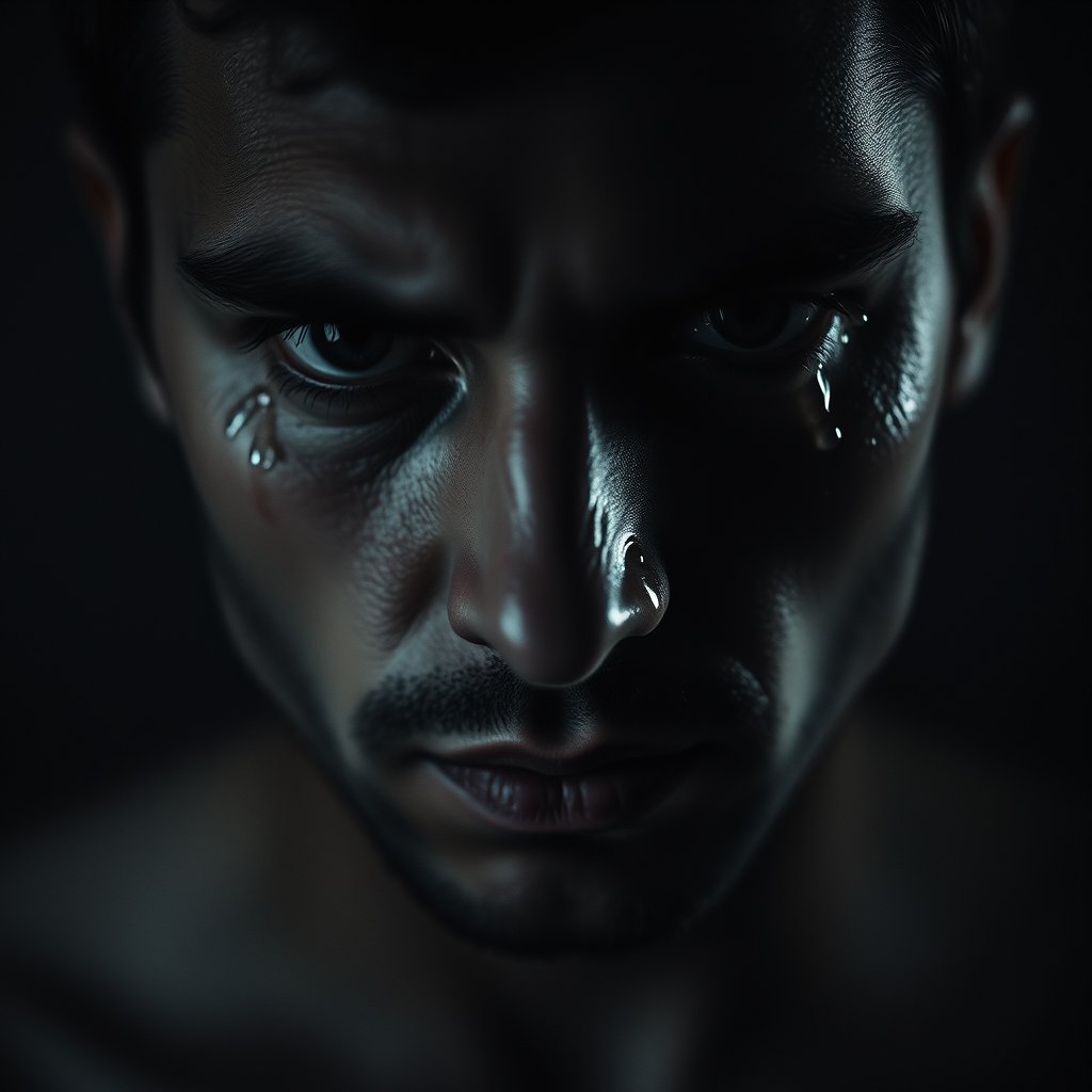 Man, tears on the face, moody lighting, high contrast, fine art photography