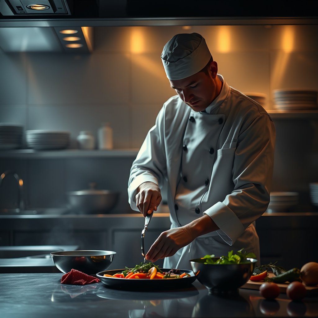 a chef preparing food in a professional kitchen, moody lighting, high contrast, fine art photography