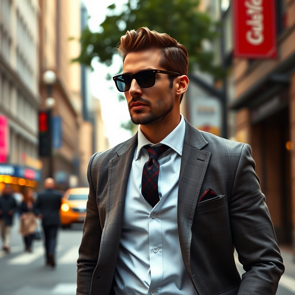 a stylish man in a suit walking in the city, ultra realistic, crisp details, studio quality