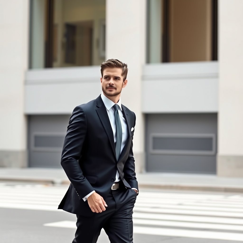 a stylish man in a suit walking in the city, minimalist composition, clean background, elegant