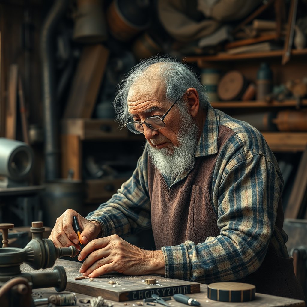 an elderly craftsman working in his workshop, ultra realistic, crisp details, studio quality