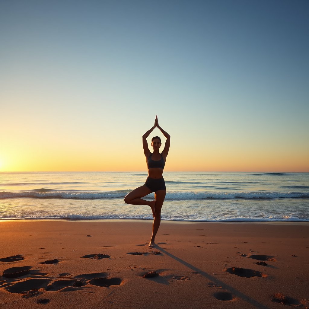 a person doing yoga on a beach at sunrise, ultra realistic, crisp details, studio quality