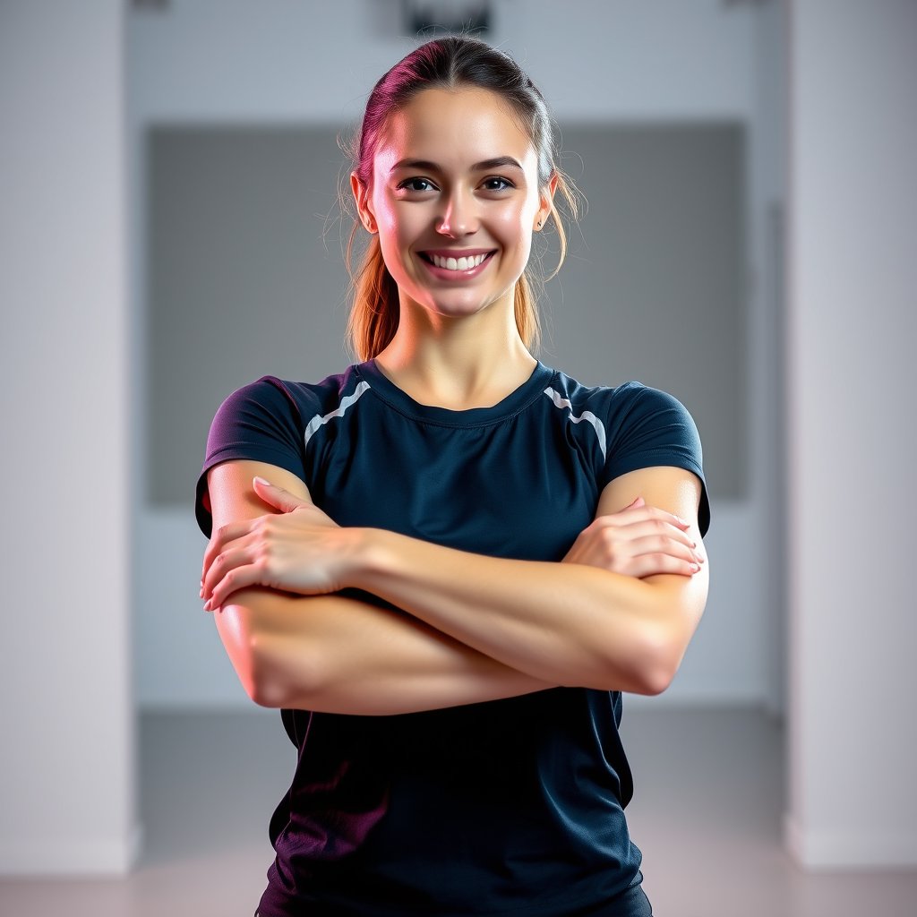 waist-up portrait of a young athletic woman in a bright studio, fully dressed in athletic t-shirt, facing camera, smiling lightly, two arms visible crossing in front, both hands visible, head and shoulders aligned, single natural face, two eyes, no missing or extra arms, no missing hands, no artifacts, photorealistic professional portrait photography, clean background, cinematic lighting, vibrant colors, dramatic atmosphere