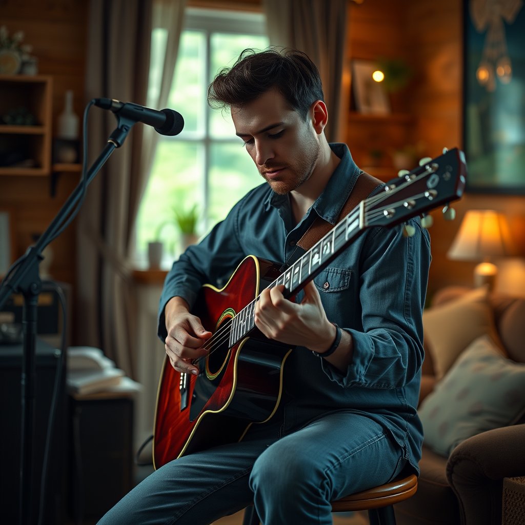 a musician playing guitar in a cozy room, highly detailed, 8k, professional photography, sharp focus