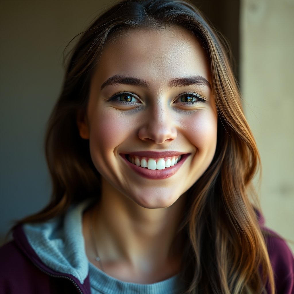 a candid portrait of a smiling young woman in natural light, ultra realistic, crisp details, studio quality