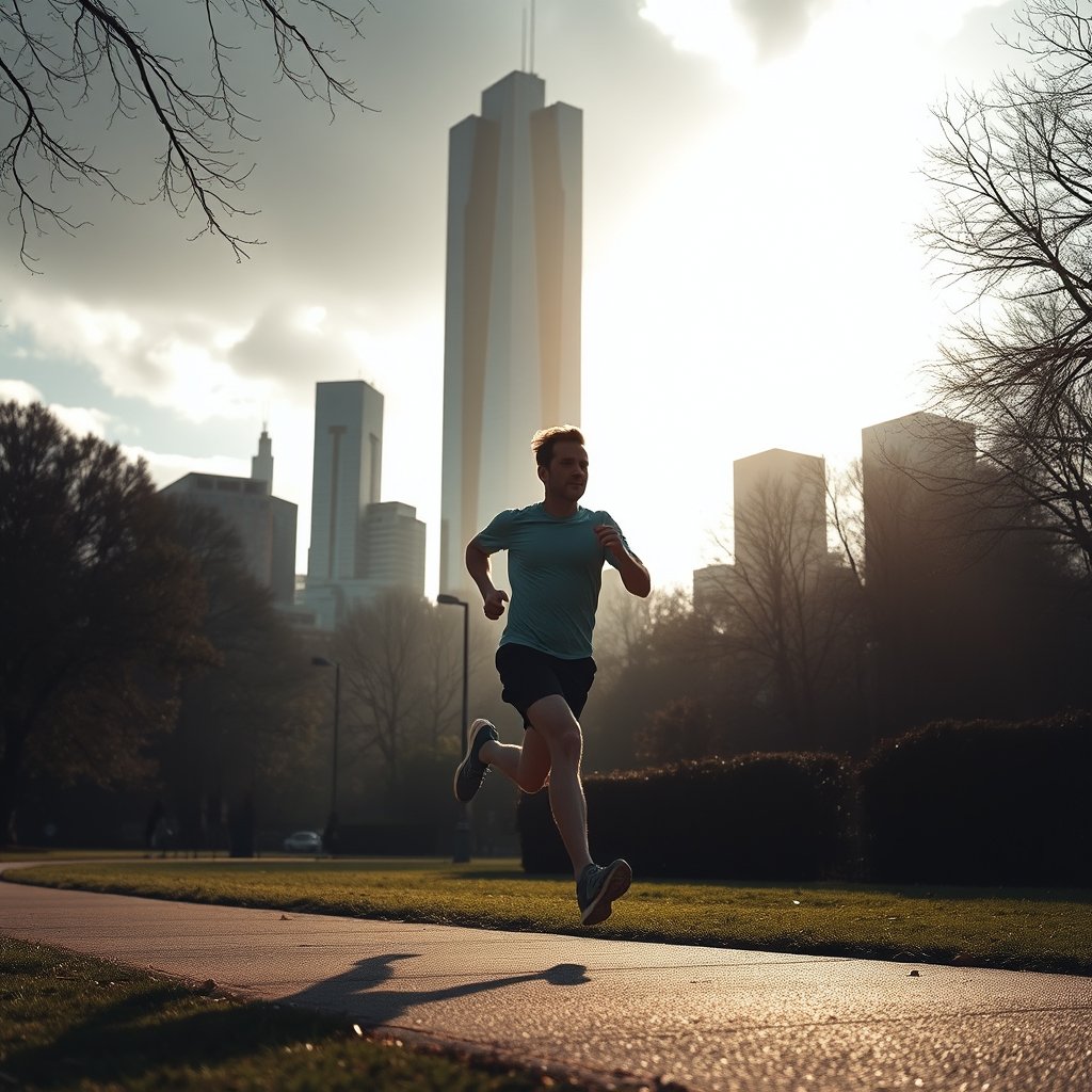 a runner jogging through a city park in the morning, moody lighting, high contrast, fine art photography