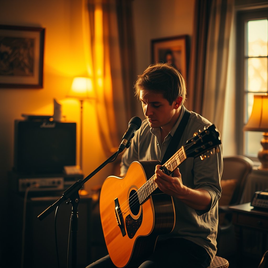 a musician playing guitar in a cozy room, golden hour lighting, warm tones, atmospheric