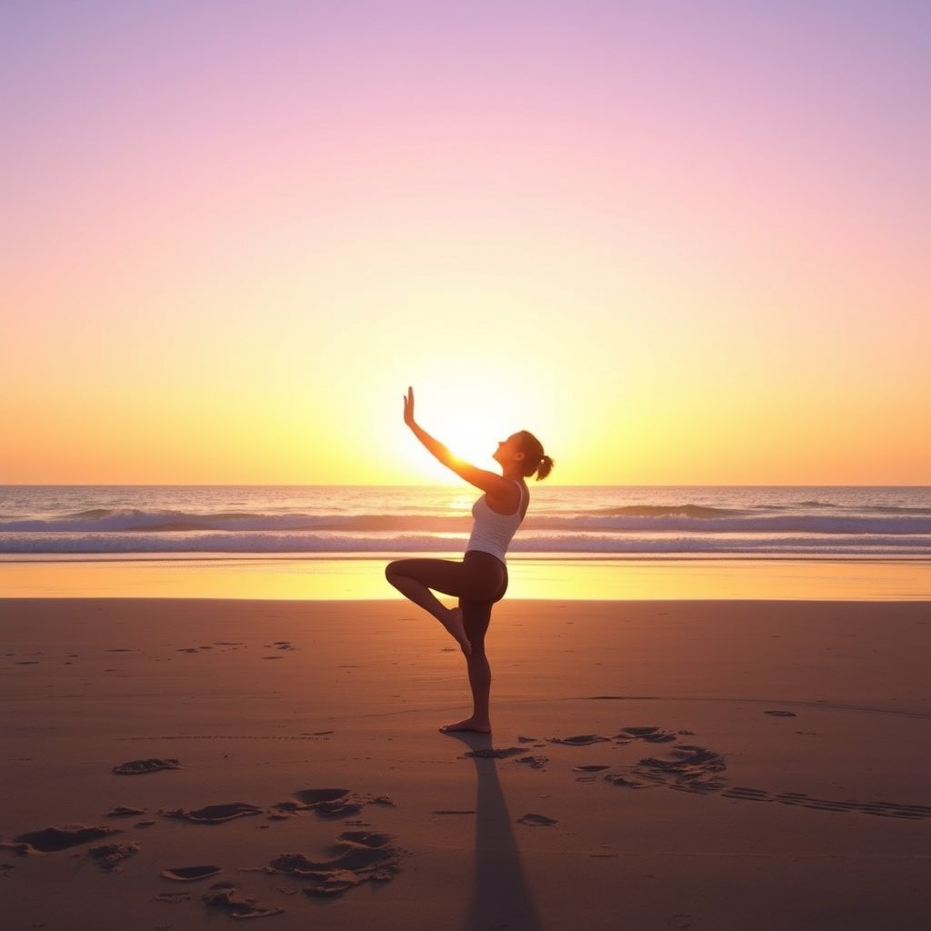 a person doing yoga on a beach at sunrise, bright and airy, pastel tones, dreamy aesthetic