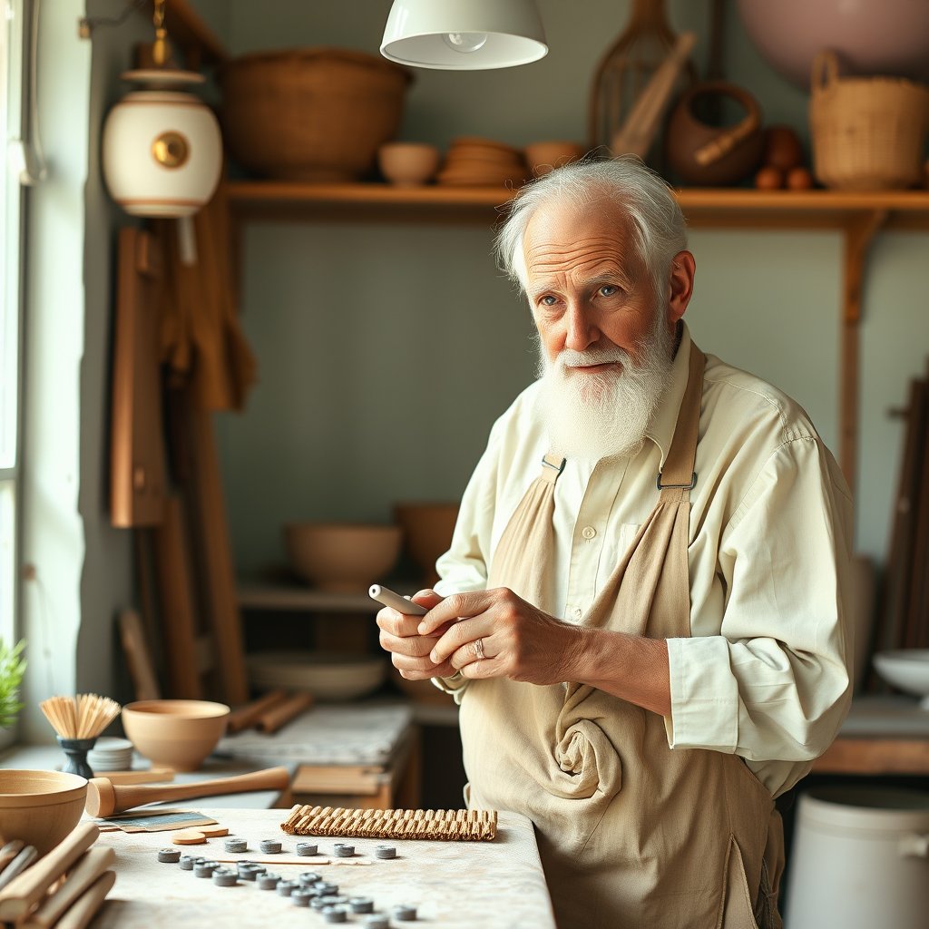 an elderly craftsman working in his workshop, bright and airy, pastel tones, dreamy aesthetic
