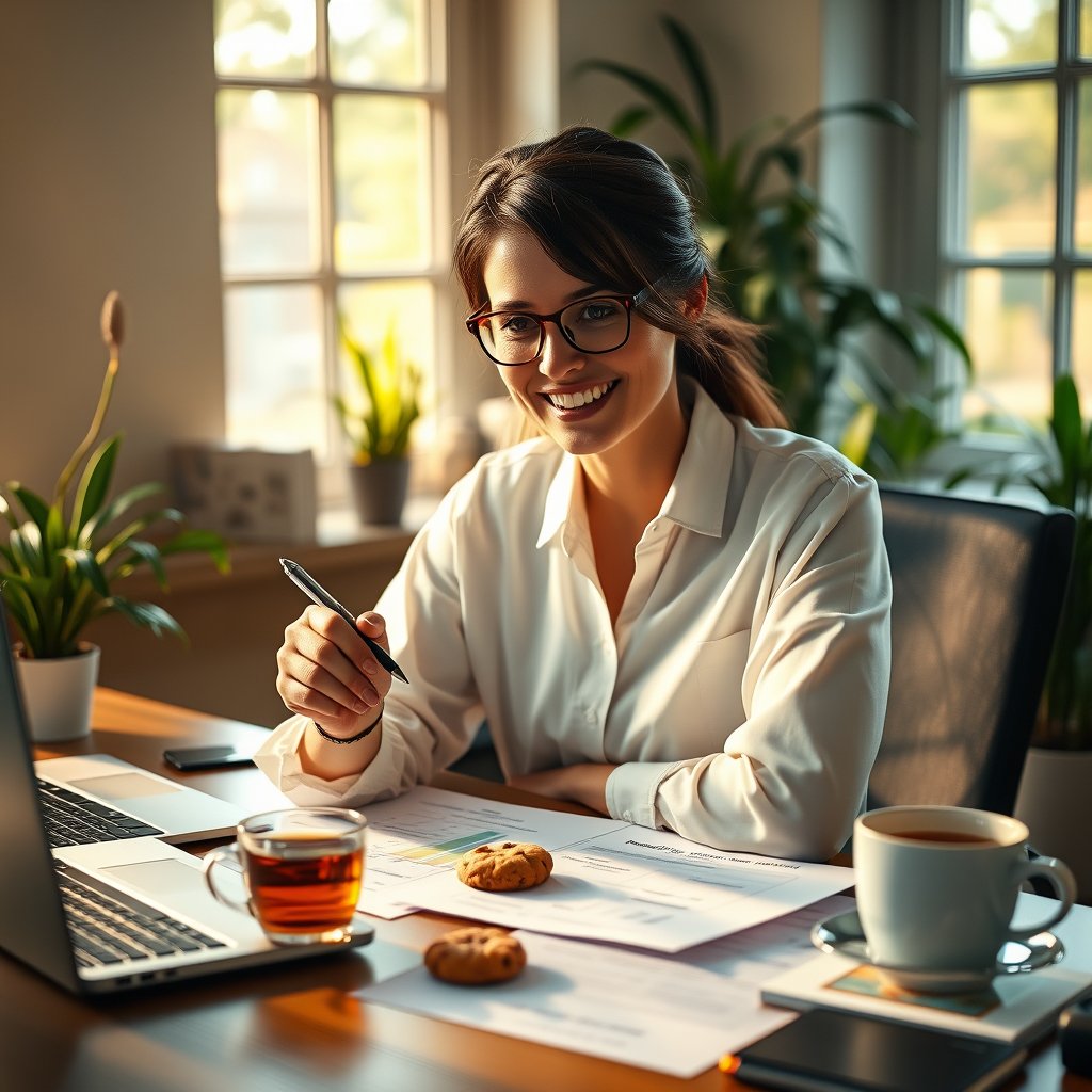smiling professional female accountant in light blouse at her desk, holding a pen over financial documents, calculator and laptop nearby, cup of tea and cookies on desk, warm summer light, green plants, cozy friendly office atmosphere, photorealistic, warm natural tones, realistic, cinematic lighting, vibrant colors, dramatic atmosphere