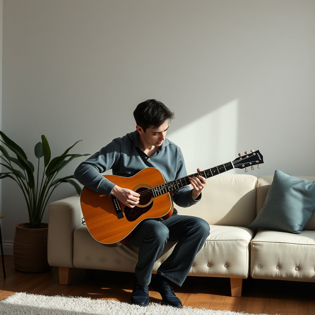 a musician playing guitar in a cozy room, minimalist composition, clean background, elegant