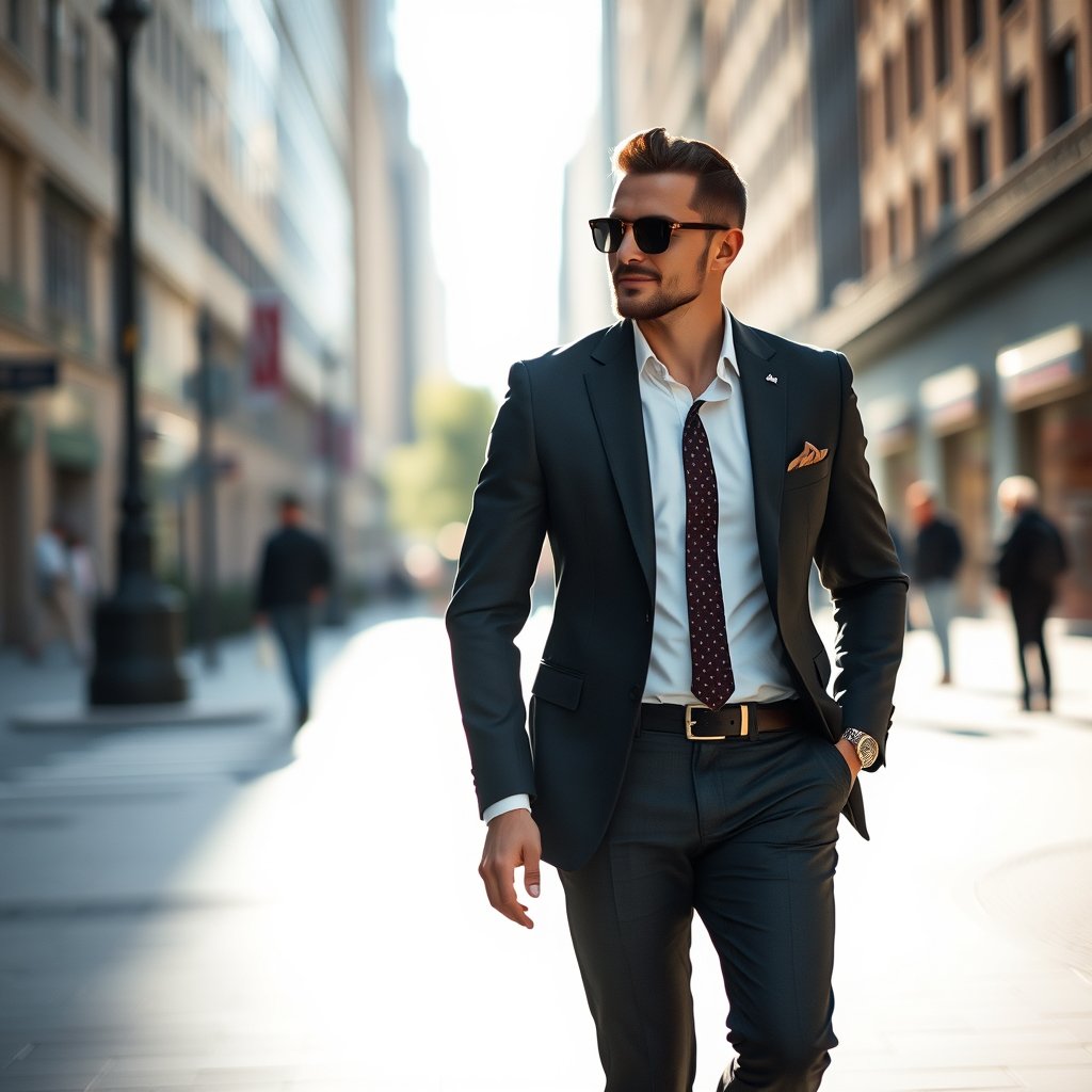 a stylish man in a suit walking in the city, soft natural light, shallow depth of field, bokeh