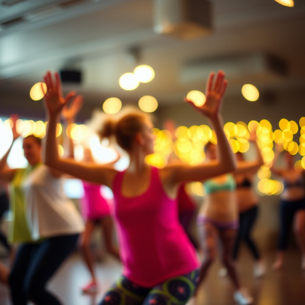 Dance Zumba, soft natural light, shallow depth of field, bokeh