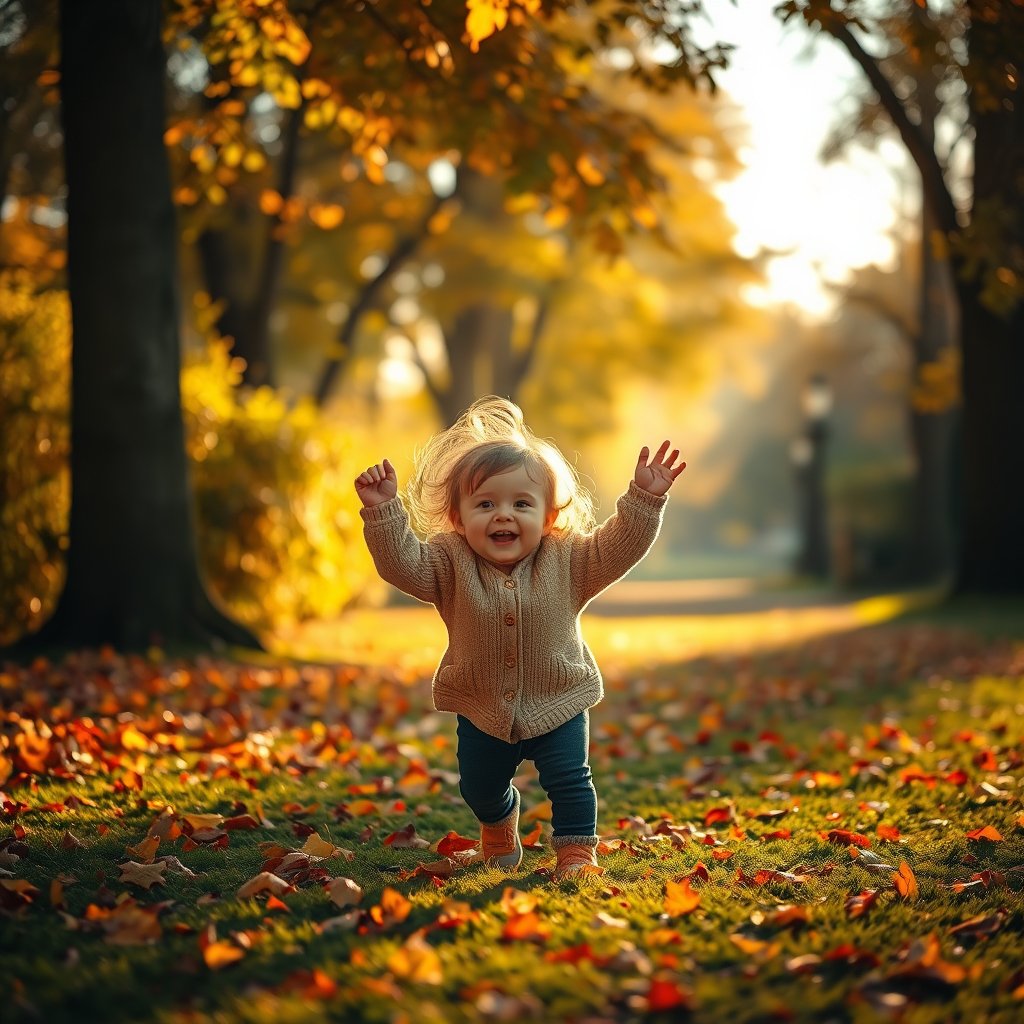 a child playing joyfully in an autumn park, golden hour lighting, warm tones, atmospheric