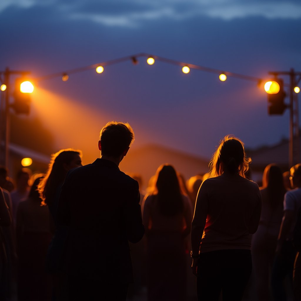 Stand up comdedy show, golden hour lighting, warm tones, atmospheric