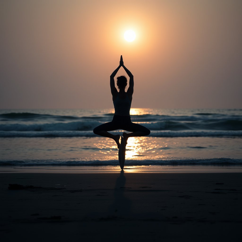 a person doing yoga on a beach at sunrise, moody lighting, high contrast, fine art photography