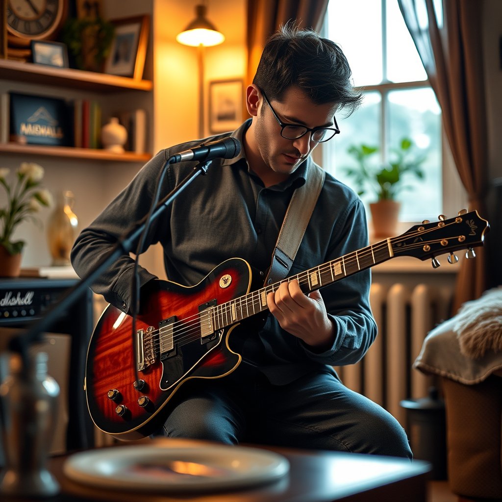 a musician playing guitar in a cozy room, highly detailed, 8k, professional photography, sharp focus